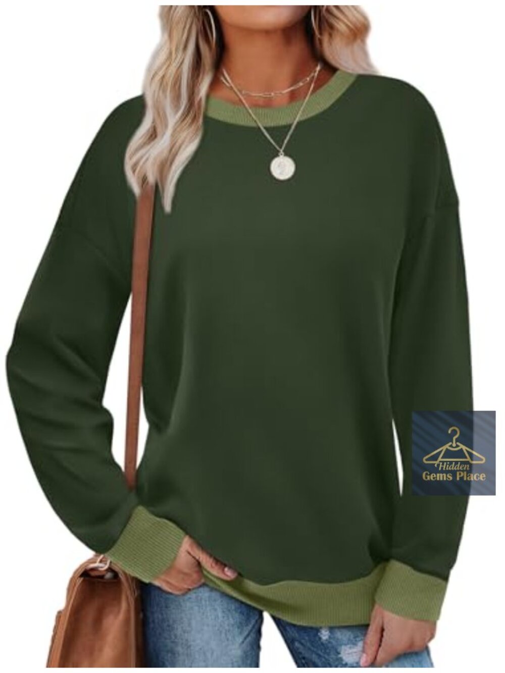 Crewneck Color Block Sweatshirt Loose Fit Long Sleeve Ribbed Trim Tops